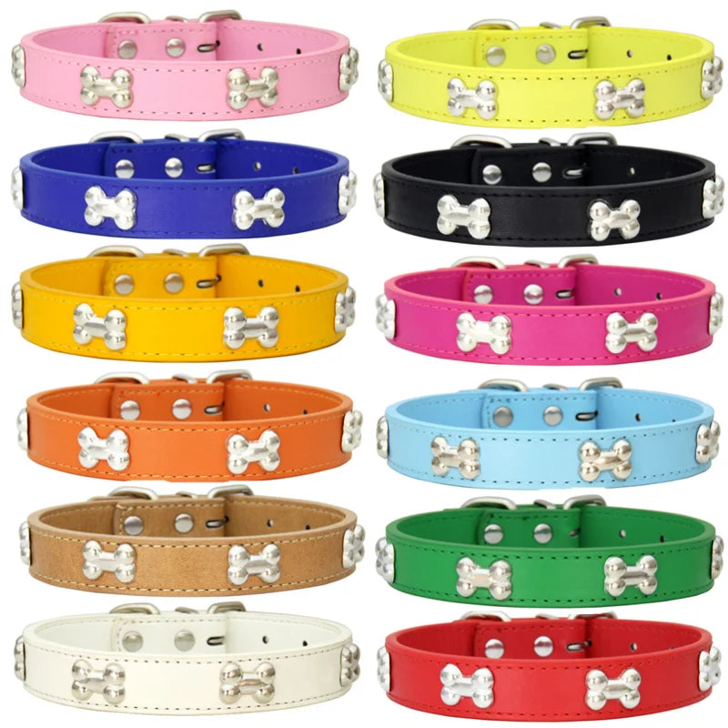 Durable Leather Bone Dog Collar