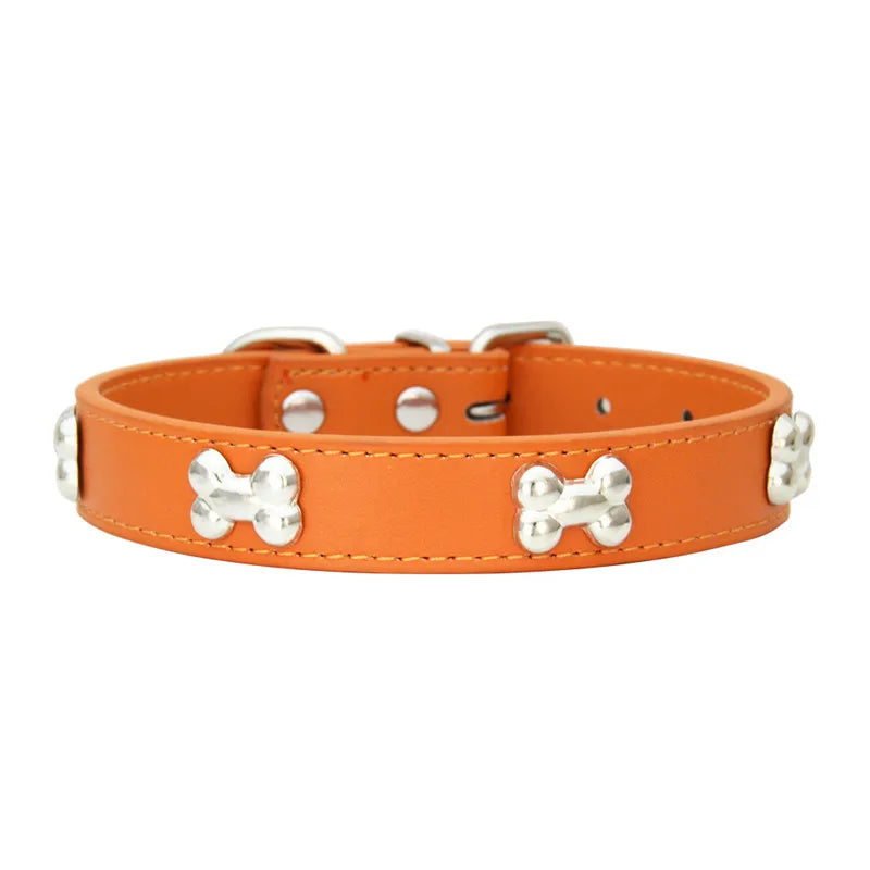 Durable Leather Bone Dog Collar