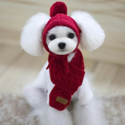 Hat for Dogs Winter Warm Stripes Knitted Hat+Scarf Collar Puppy Teddy Costume Christmas Clothes Santa Dog Costume Poochi Paws