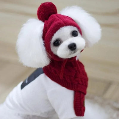 Hat for Dogs Winter Warm Stripes Knitted Hat+Scarf Collar Puppy Teddy Costume Christmas Clothes Santa Dog Costume Poochi Paws