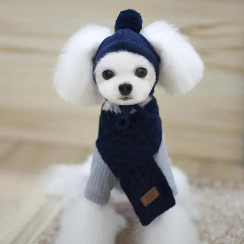 Hat for Dogs Winter Warm Stripes Knitted Hat+Scarf Collar Puppy Teddy Costume Christmas Clothes Santa Dog Costume Poochi Paws