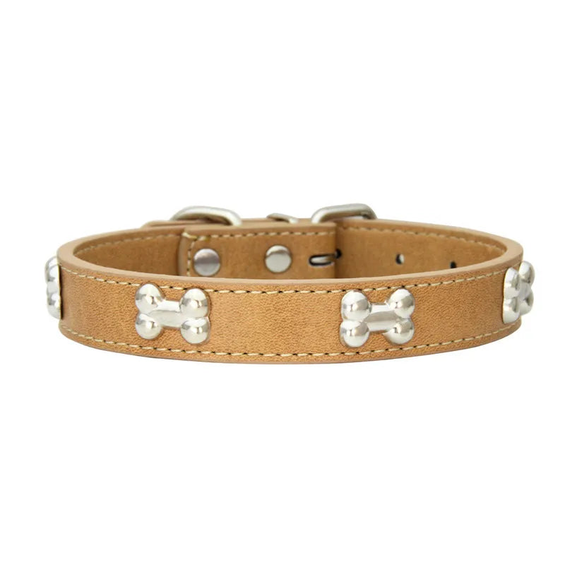 Durable Leather Bone Dog Collar