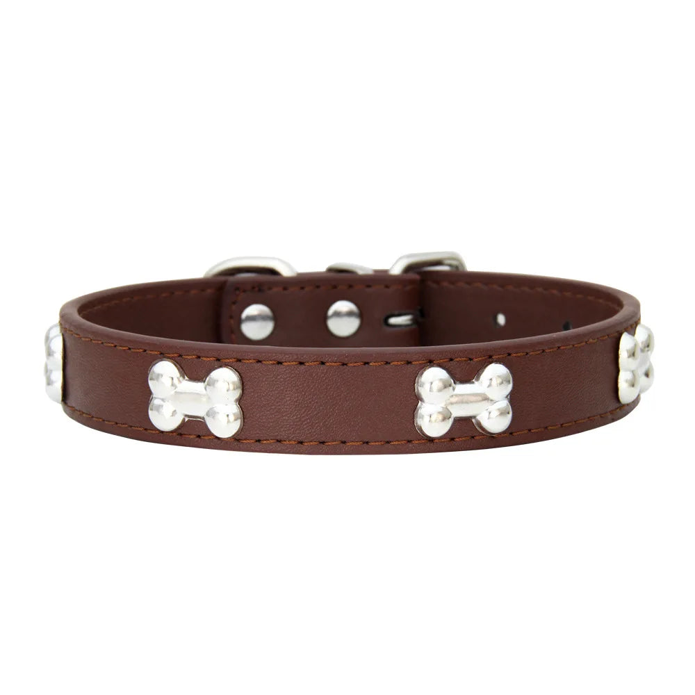 Durable Leather Bone Dog Collar