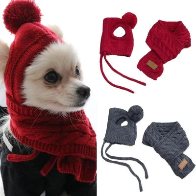 Hat for Dogs Winter Warm Stripes Knitted Hat+Scarf Collar Puppy Teddy Costume Christmas Clothes Santa Dog Costume Poochi Paws